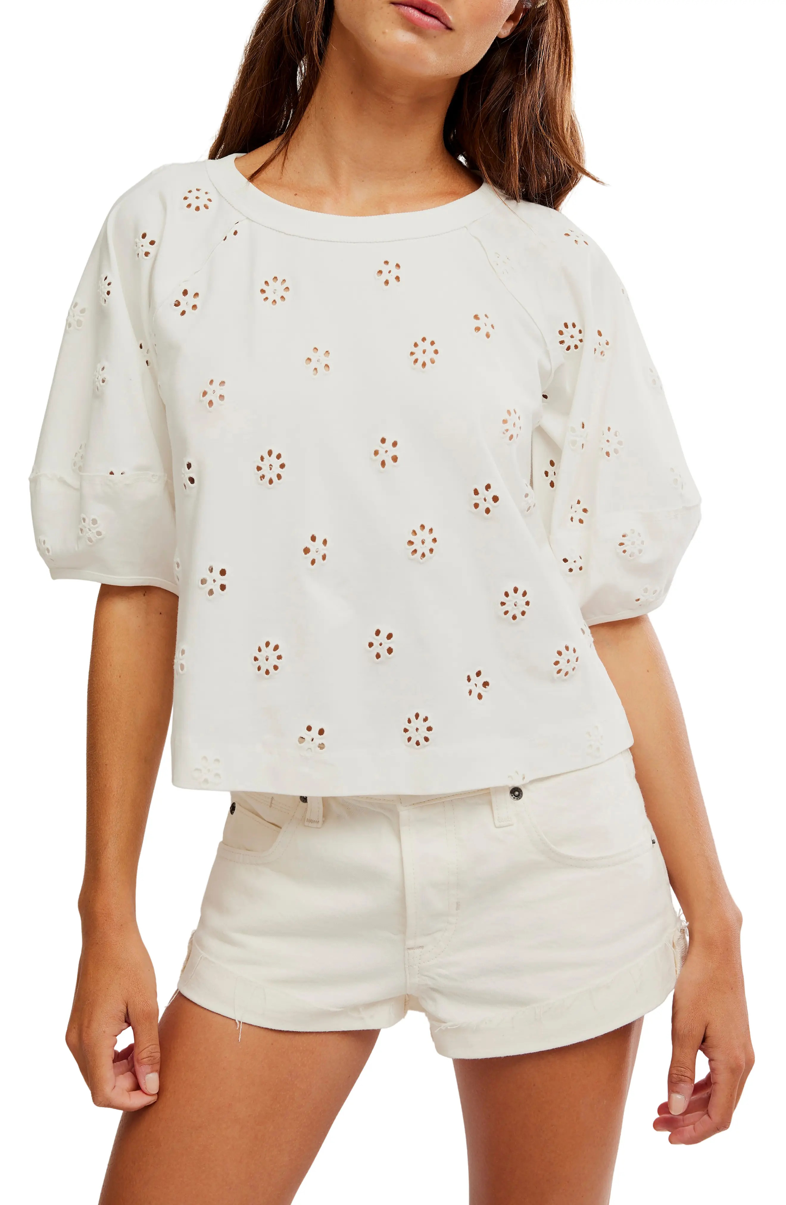 Free People Jessie Eyelet Puff Sleeve Top in Navy Combo at Nordstrom, Size Large | Nordstrom