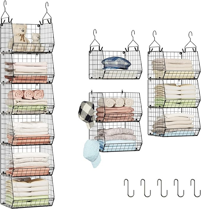6 Tier Closet Hanging Organizer, Clothes Hanging Shelves with 4 Hanging Hooks 5 S Hooks, Wire Sto... | Amazon (US)