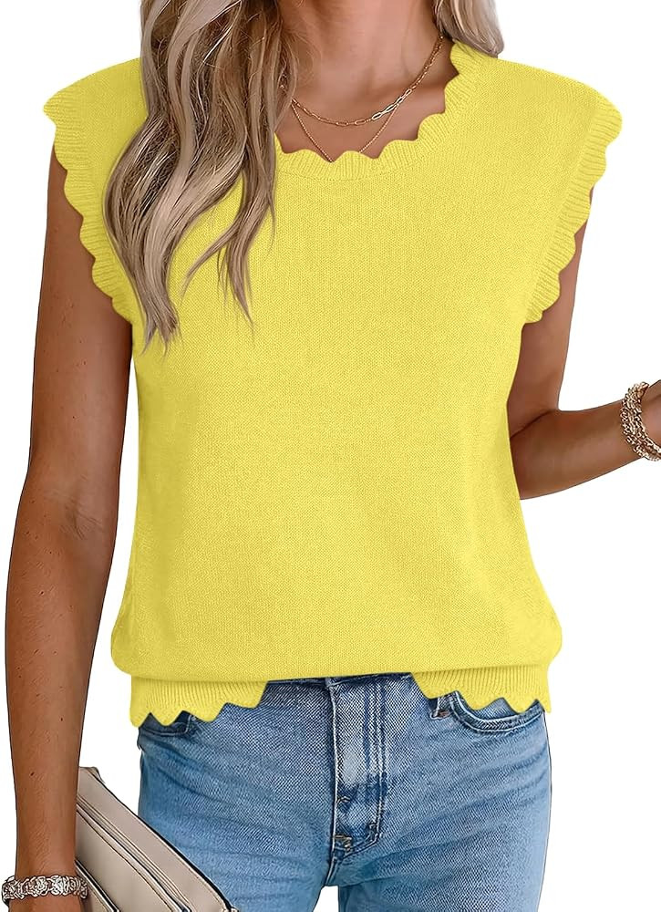 Tankaneo Womens Sweater Vest Tank Tops Summer Scallop Trim Sleeveless Shirts Trendy Casual Crew N... | Amazon (US)