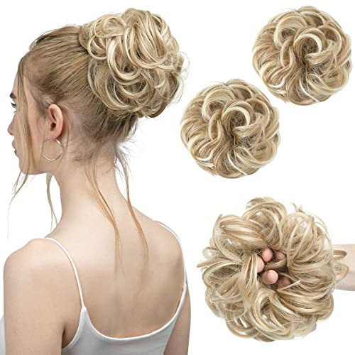 SARLA 2PCS Messy Hair Bun Hair Pieces Wavy Curly Synthetic Updo Fake Scrunchies Ponytail Extension for Women Dirty Blonde | Amazon (US)