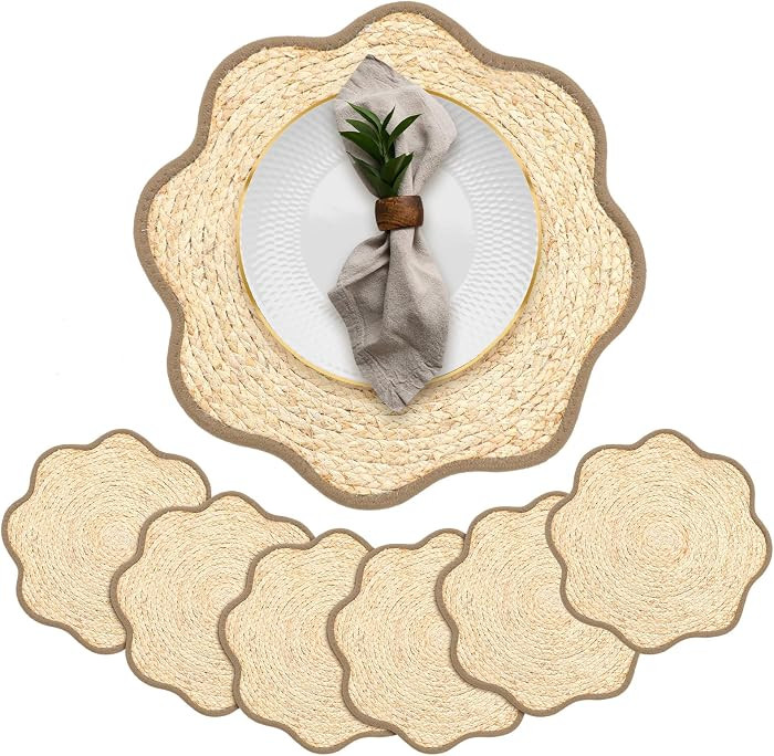 6 Pcs Wedding Placemats 15 Inch Handwoven Scalloped Placemats Boho Rattan Chargers for Dinner Pla... | Amazon (US)