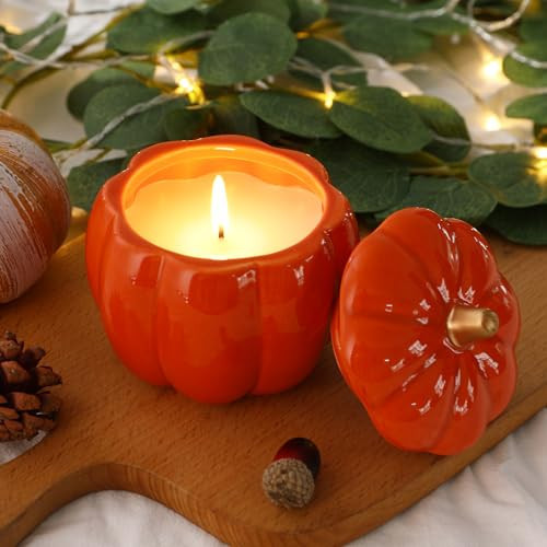 Fall Decor-Fall Candle with Ceramic Pumpkin Jar-Pumpkin Spice Candles for Home, Autumn Pumpkin Candle Decor- Halloween Thanksgiving Gift Natural Soy Wax Candles (Orange) | Amazon (US)