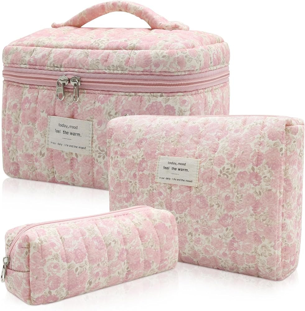 3pc Makeup Bag Set, Quilted Makeup Bag Set, Large Floral Cosmetic Bag for Women, Cute Cotton Make... | Amazon (US)