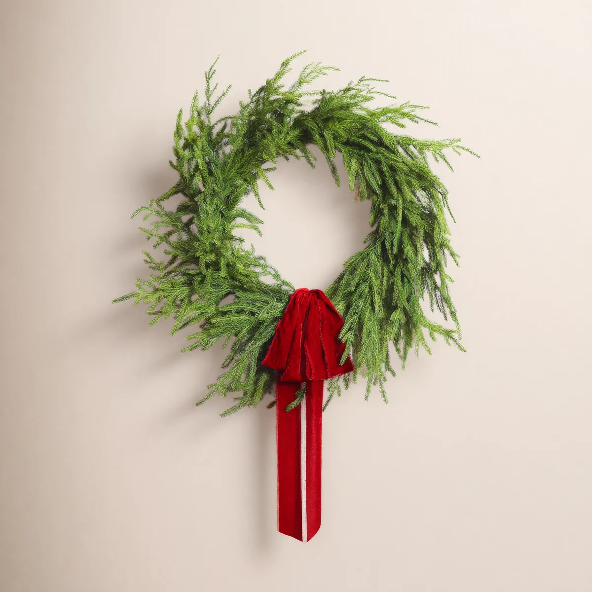 Real Touch Norfolk Pine Front Door Christmas Holiday Winter Wreath With Burgundy Bow 24" | Wayfair North America