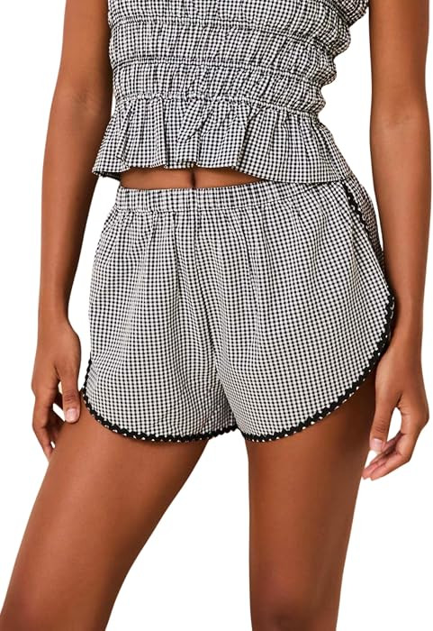 Tsher Womens Gingham Plaid Cotton Short Casual Summer Beach Comfy Bottom Cute Cozy Shorts | Amazon (US)