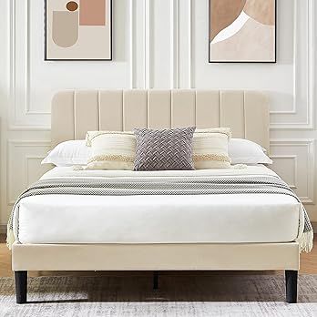 VECELO Queen Size Upholstered Bed Frame with Adjustable Headboard, Velvet Platform Bedframe Mattress | Amazon (US)