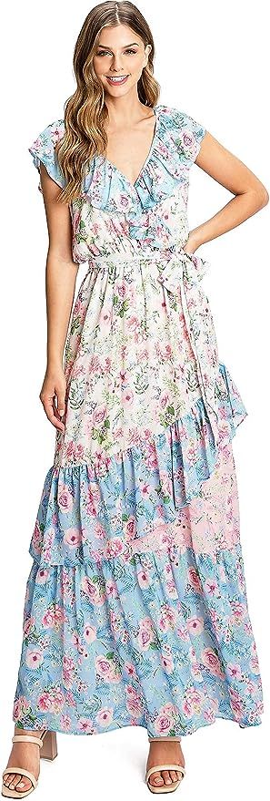 Flying Tomato Love Colette Women's Dainty Floral Ruffle Maxi Dress | Amazon (US)