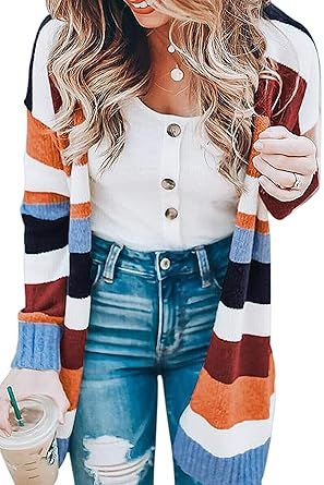 ECOWISH Womens Color Block Striped Draped Kimono Cardigan with Pockets Long Sleeve Open Front Cas... | Amazon (US)