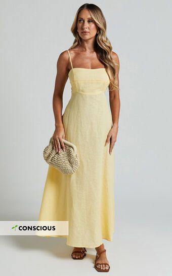 Brette Midi Dress - Linen Look Straight Neck Strappy Fit And Flare Dress in Lemon | Showpo (US, UK & Europe)