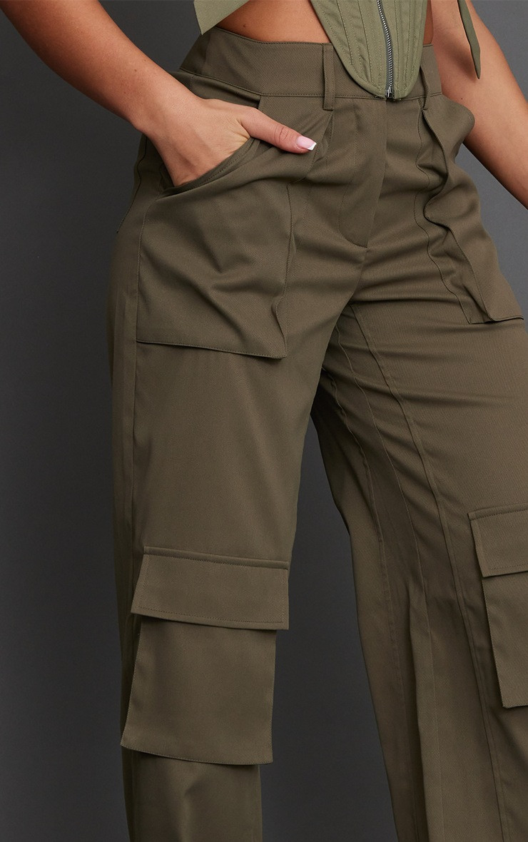 Dark Khaki Twill Pocket Detail High Waisted Cargo Pants | PrettyLittleThing CAN