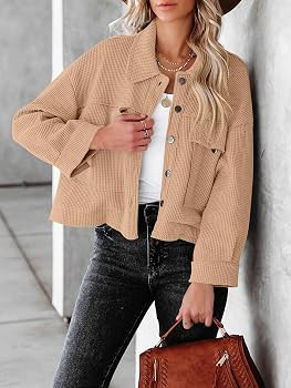 ANRABESS Women Waffle Knit Cropped Shacket Shirt Long Sleeve Collared Button Down Pockets Thermal... | Amazon (US)