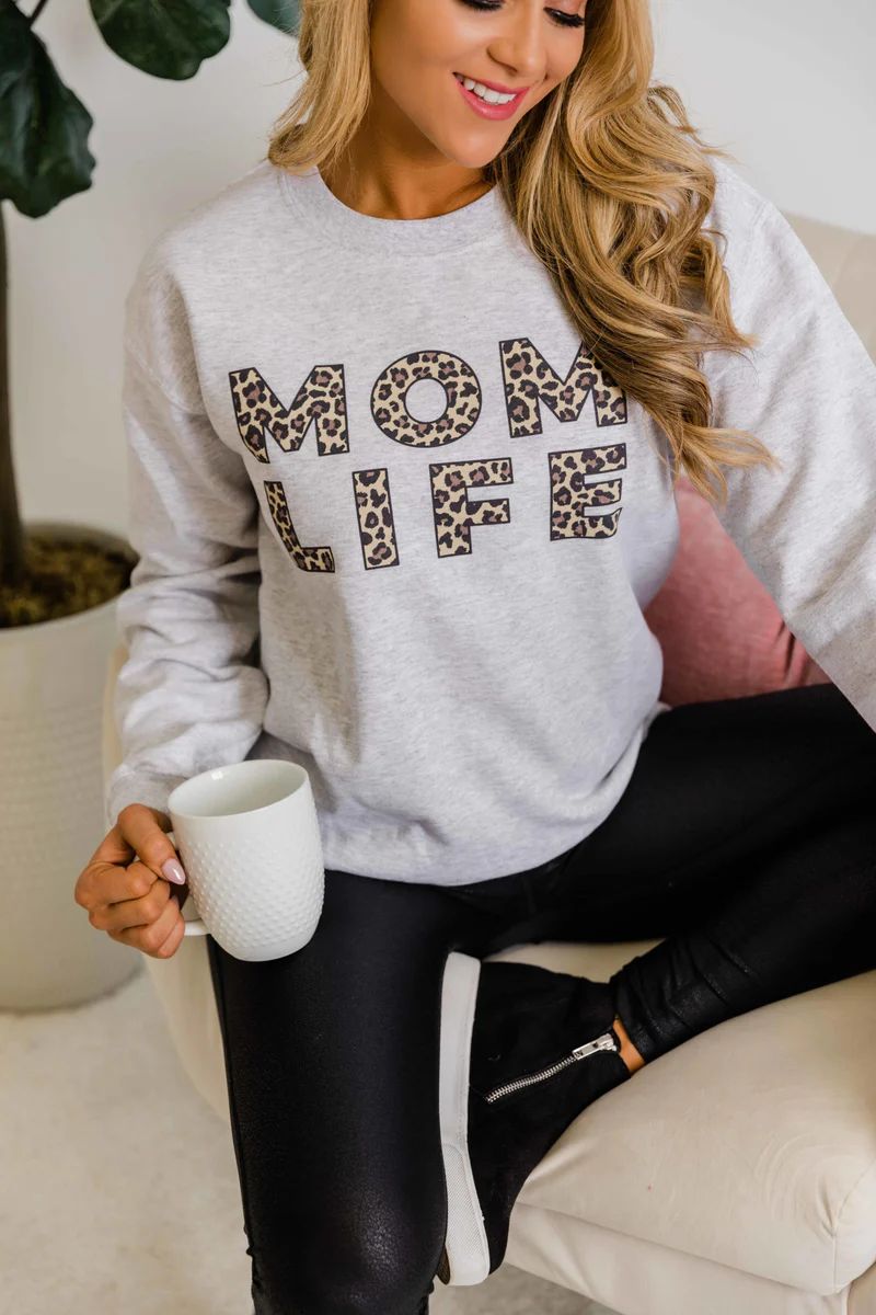 Mom Life Leopard Print Ash Graphic Sweatshirt | Pink Lily