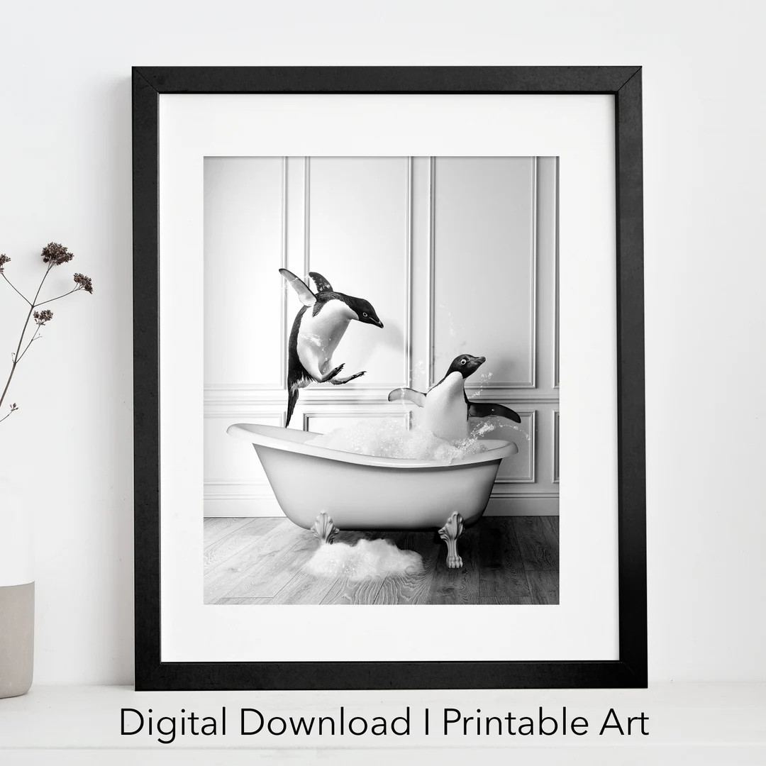 Adorable Penguins in Tub Printable Wall Art Penguin Photo Penguin Art Bathroom Art Print Digital ... | Etsy (US)