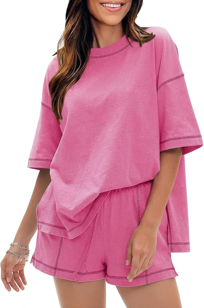 EXLURA Women's Casual Summer 2 Piece Sets 100% Cotton Short Sleeve Tshirt and Shorts Matching Swe... | Amazon (US)