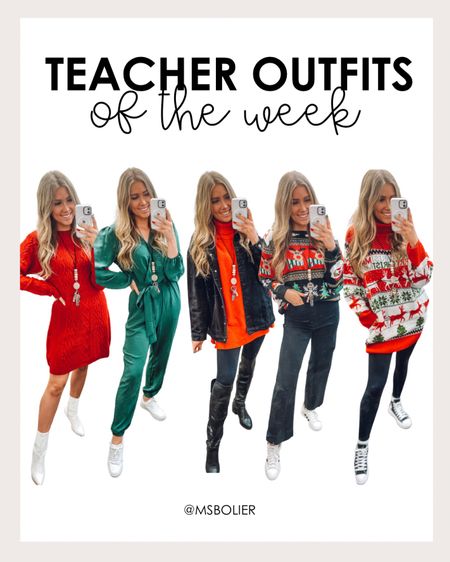 Holiday teacher outfits from December! 

Red sweater dress: true to size 
Green jumpsuit: true to size 
Red sweater tunic: true to size 
Black denim jacket: I sized up one
Holiday sweater: size up, I’m wearing XL
Black pants: true to size 
Red turtleneck holiday sweater: true to size 
Leggings: true to size 


| Christmas fashion | teacher fashion | teacher outfits | Christmas style | teacher style | outfit ideas | middle school teacher 