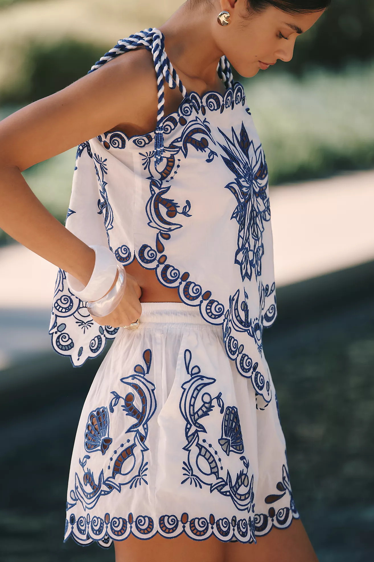 Farm Rio Garden Tiles Embroidered Richelieu Shorts | Anthropologie (US)