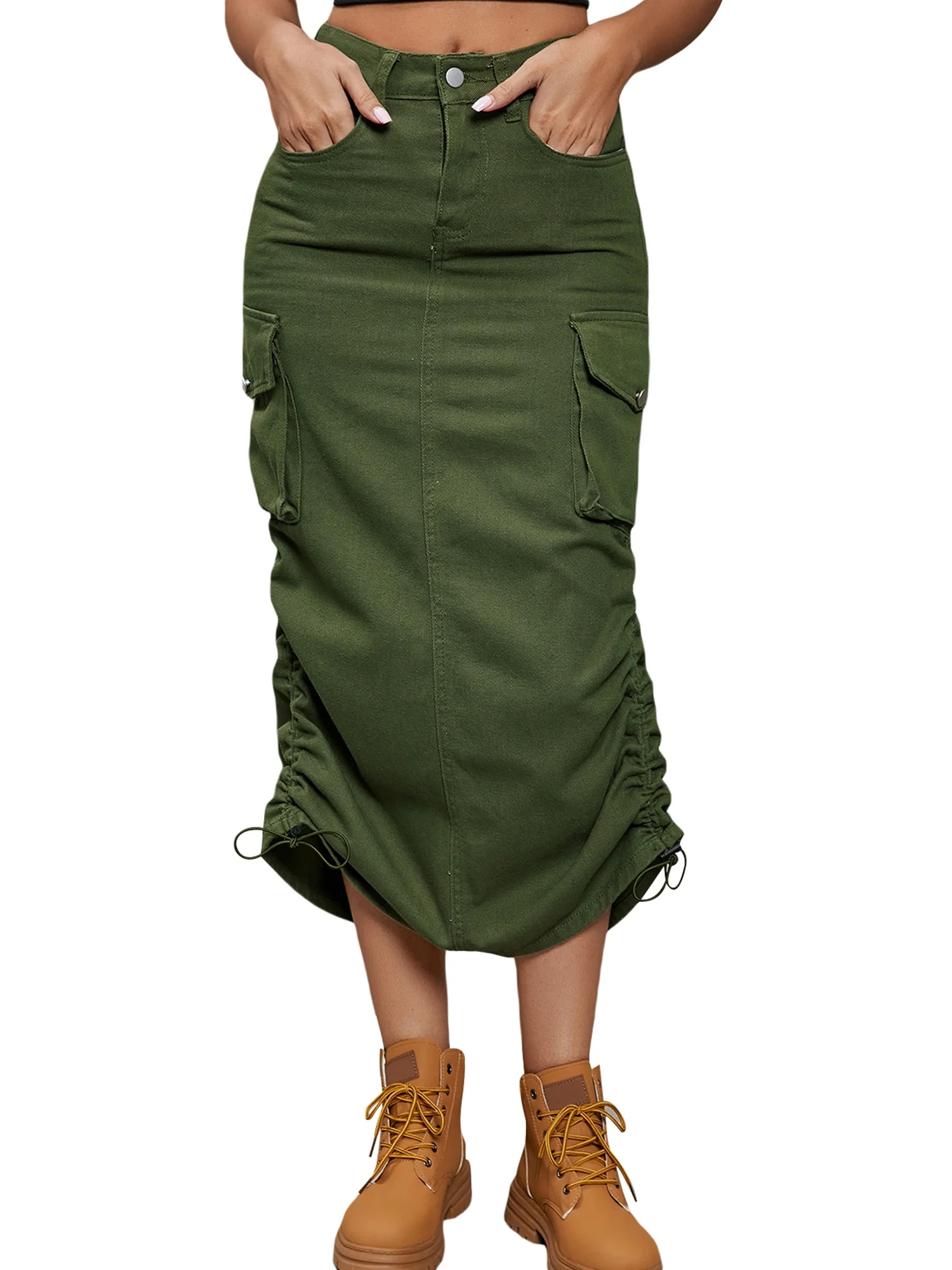 Wassery Women Long Cargo Skirts Vintage High Waist Maxi Skirts Grunge Drawstring Skirts Shirred R... | Walmart (US)