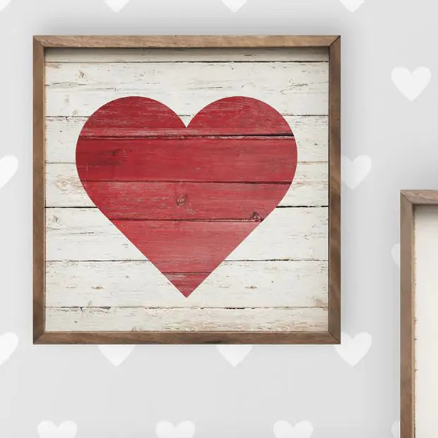 Red Heart On Whitewash Wall Art | Antique Farm House