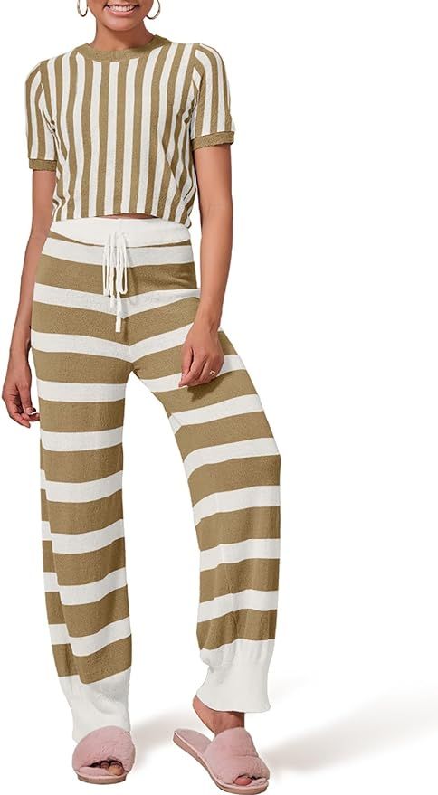 Tankaneo Women's 2 Piece Outfits Striped Knit Lounge Sets Short Sleeve Crop Top Wide Leg Pants Sw... | Amazon (US)