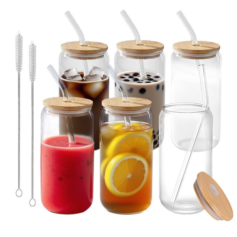 16oz 6Pcs Glass Cups with Lids and Straws, Glass Tumbler Set for Home or Office, Clear Can-Shaped... | Walmart (US)