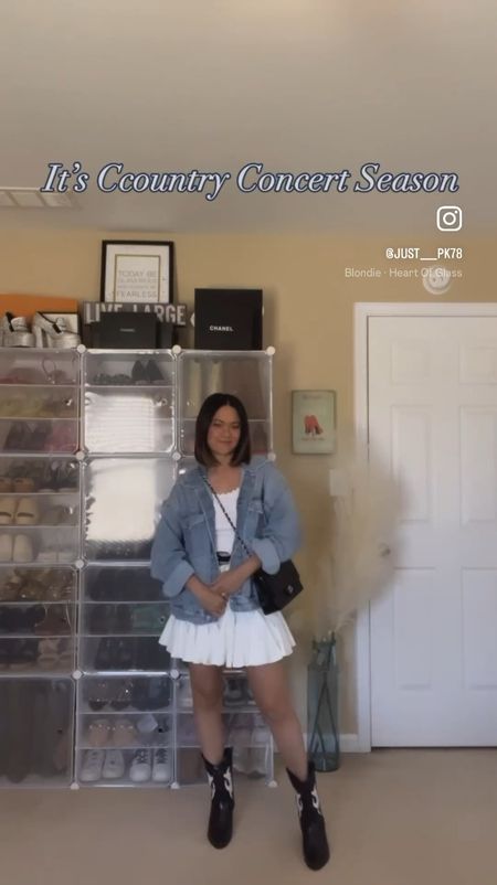 A simple, comfortable and cute style for Country concert outfit inspiration.
I highly recommend that you have this type of white frill mini skirt or skort in your wardrobe. It’s comfy, cute, and versatile. I wear them  underneath oversized band t-shirt or sweater. They look super cute with any boots and denim jacket for sure. 
These mid calf cowboy boots are my new babies. I think I put together a wearable and cute fit today. Elastic waist band is the most comfy bottom for me right now cause I am still healing from the surgery. 


#LTKVideo #LTKFestival #LTKstyletip
