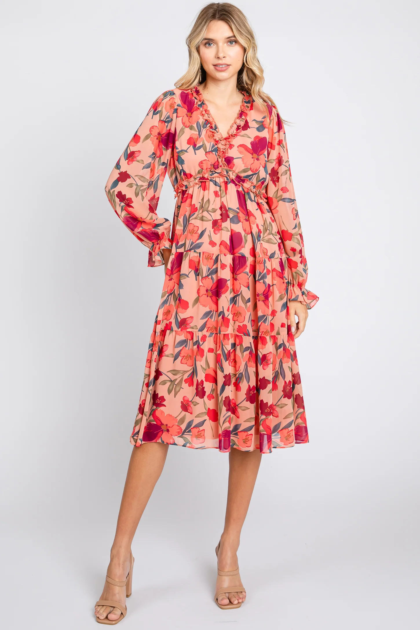 Mauve Floral Ruffle V-Neck Maternity Dress | PinkBlush Maternity