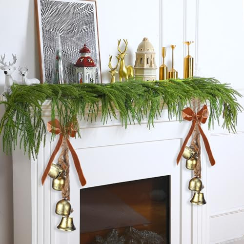 5 FT Christmas Garlands Norfolk Pine Garland Artificial Norfolk Garland Real Touch Pine Garland Faux Greenery Cedar Garland with 2 Set Cow Bells on Rope for Mantle Table Fireplace Holiday Winter Decor | Amazon (US)