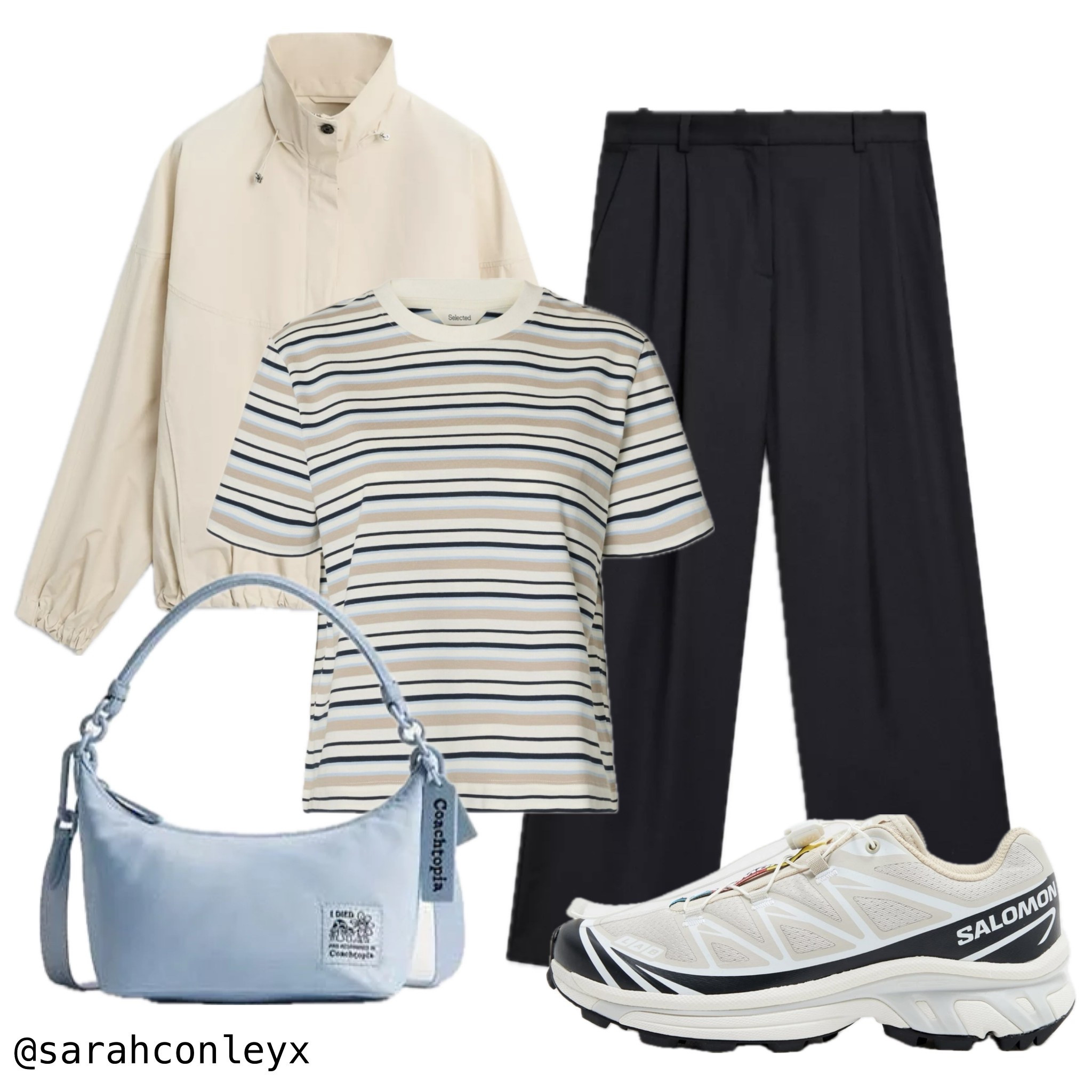 Weekend outfit ideas
Stripe t-shirt
Salomon xt-6
Coach blue bag
Cream tech jacket 
Lightweight jackets
Spring jacket 
Black tailored trousers 
Black wide leg trousers outfit 

#LTKspring #LTKuk #LTKstyletip