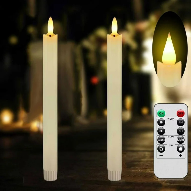 2 Pcs Real Wax Made Flameless Taper Candles with Remote and Timer, 9.6" Ivory Battery Operated Ca... | Walmart (US)