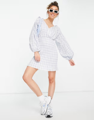 ASOS DESIGN shirred skirt mini wrap front dress in blue gingham | ASOS (Global)