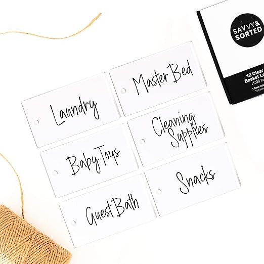 12 Clear Acrylic Basket Tags - Natural Jute Twine - Acrylic Organizer Hanging Labels for Storage ... | Amazon (US)