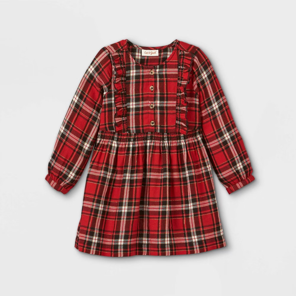 Toddler Girls' Sparkle Plaid Button-Front Long Sleeve Dress - Cat & Jack™ | Target