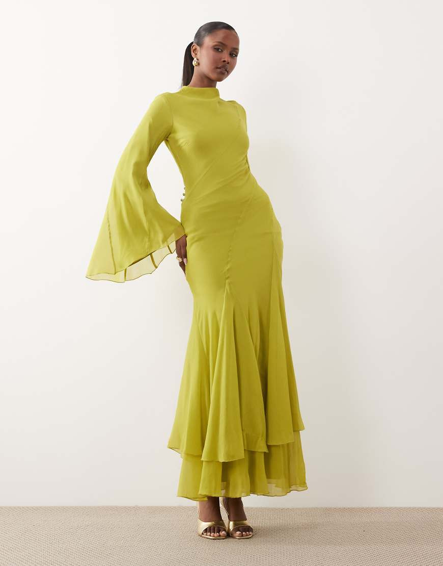 ASOS DESIGN long sleeve high neck maxi dress with ruffle godets and flute sleeves in olive green | ASOS (Global)