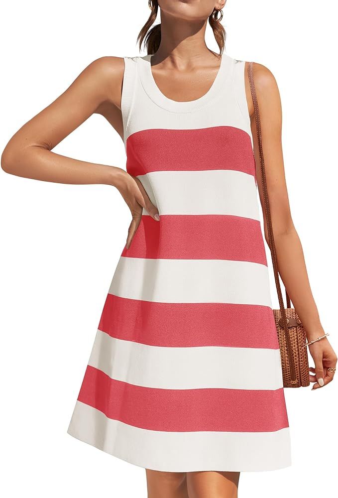 ZESICA Women's Ribbed Sleeveless Tank Dress 2024 Summer Crew Neck Striped Casual Basic Mini Dress... | Amazon (US)