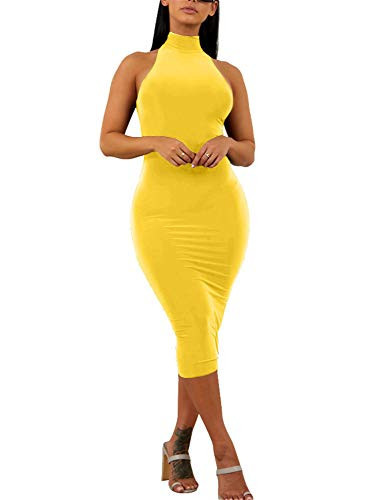 GOBLES Women's Sexy Halter High Neck Elegant Sleeveless Bodycon Midi Club Dress Yellow | Amazon (US)