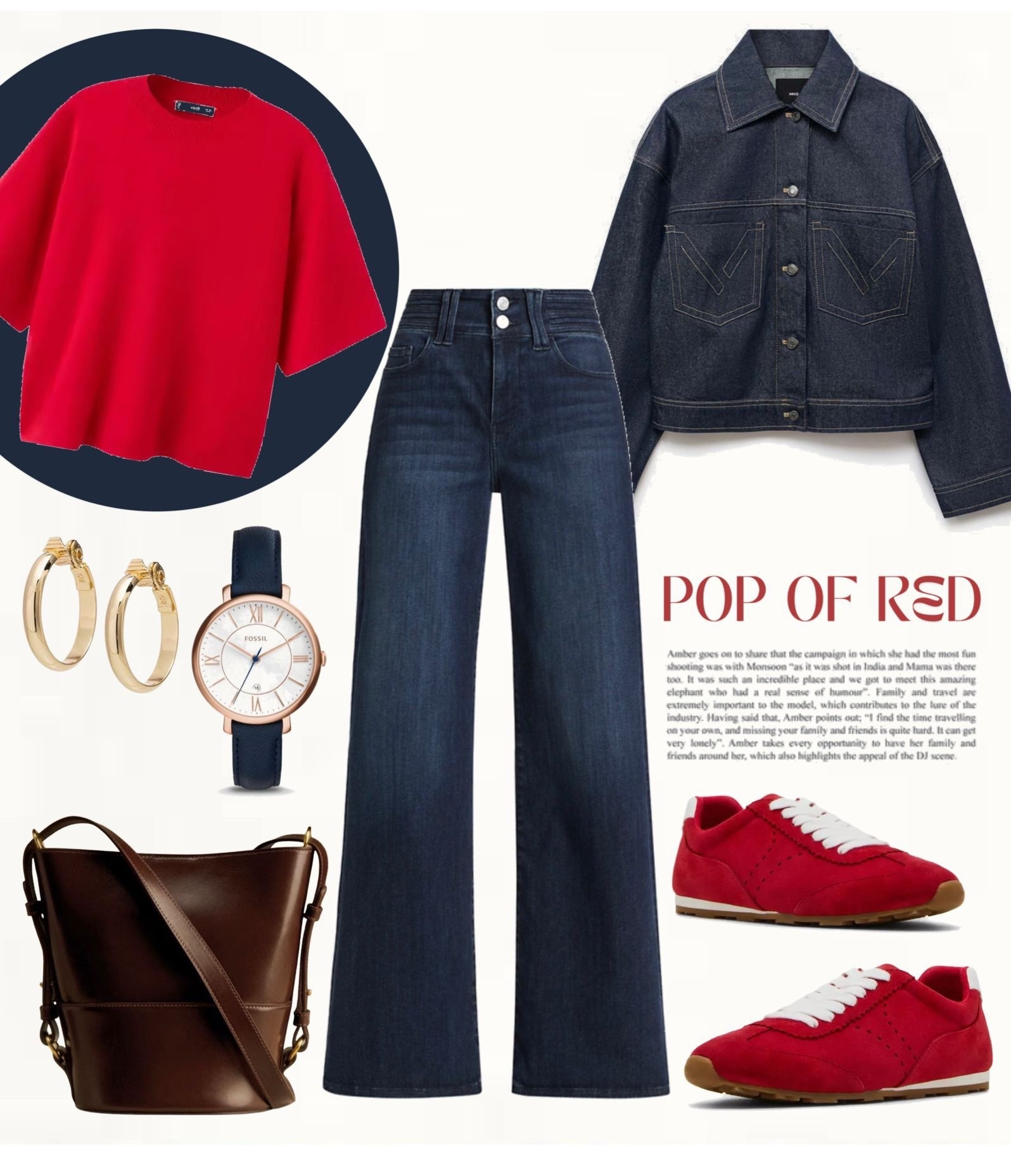 Red knit top styled with dark blue wide-leg jeans and a dark denim jacket. Paired with red sneakers, gold hoop earrings, and a brown leather crossbody bag for a balanced everyday look.
#everydayoutfit #casualstyle #springstyle

#LTKootd #LTKOver40 #LTKSeasonal