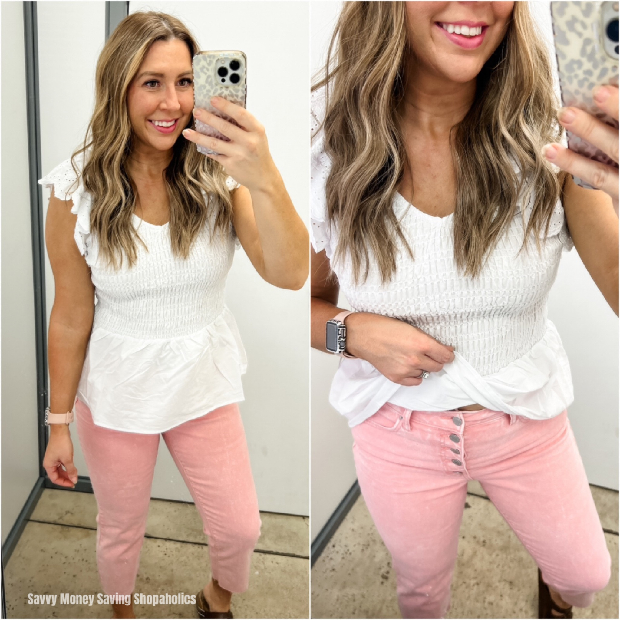 These pink cropped jeans are so fun! I love the 5 button closure too! Pants run small so size up 1. I’m
in a 8. Top TTS I’m in a small. 

#LTKMidsize #LTKStyleTip