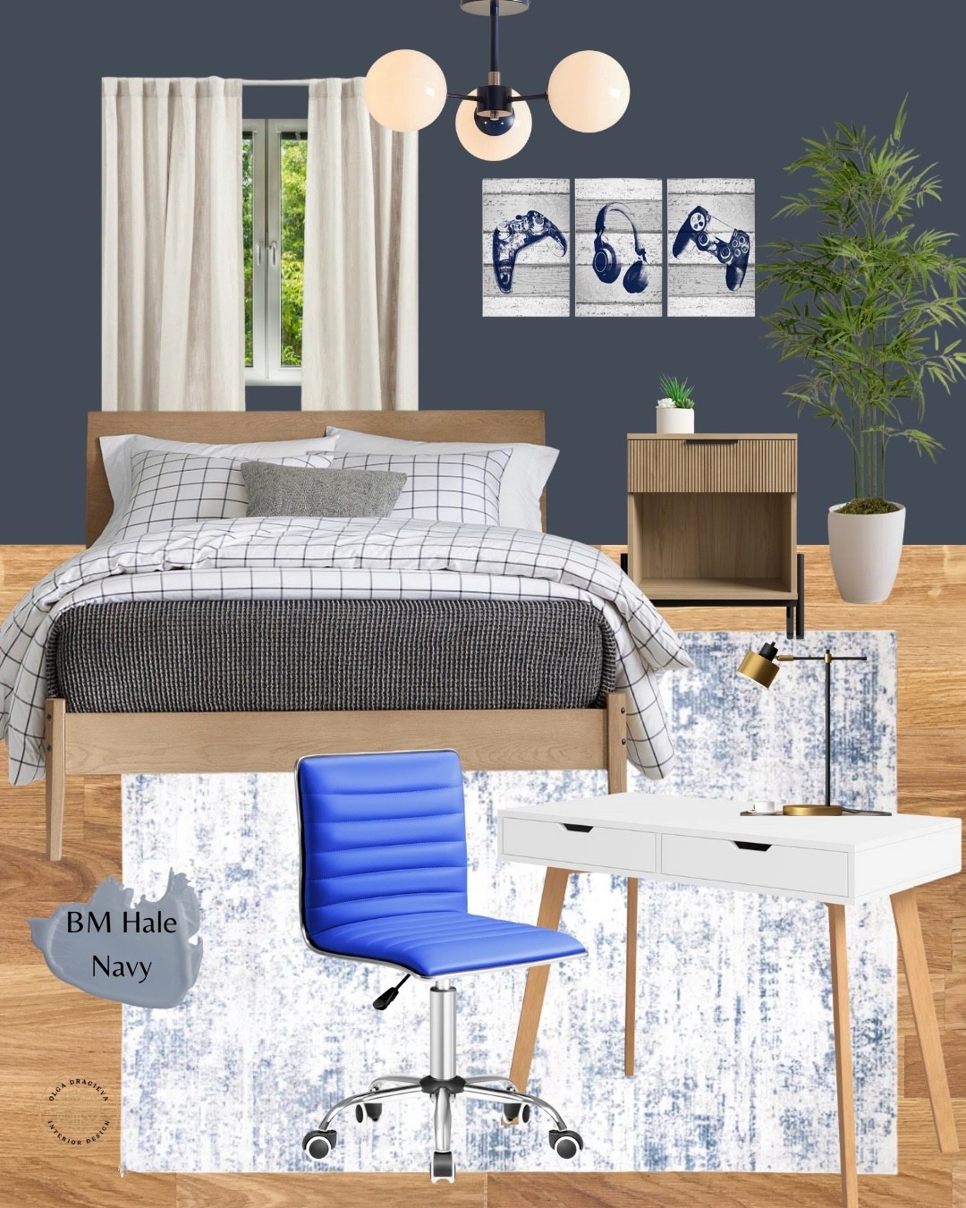 Fun and affordable teen boy room design/mood board. Abstract rug, white affordable desk, blue faux leather desk chair, nightstand, affordable bed, game art, neutral curtains. #backtoschool #college #boysroom