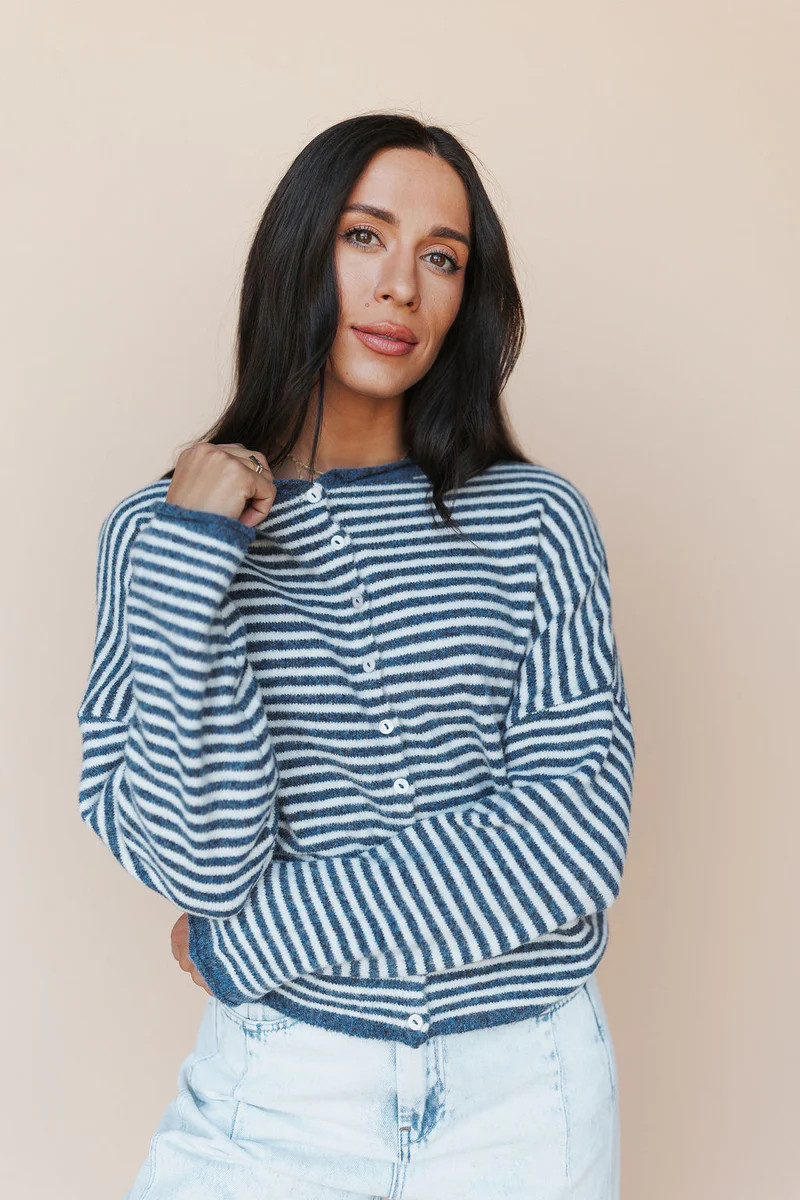 Piper Cardigan in Navy Pinstripe | Henly