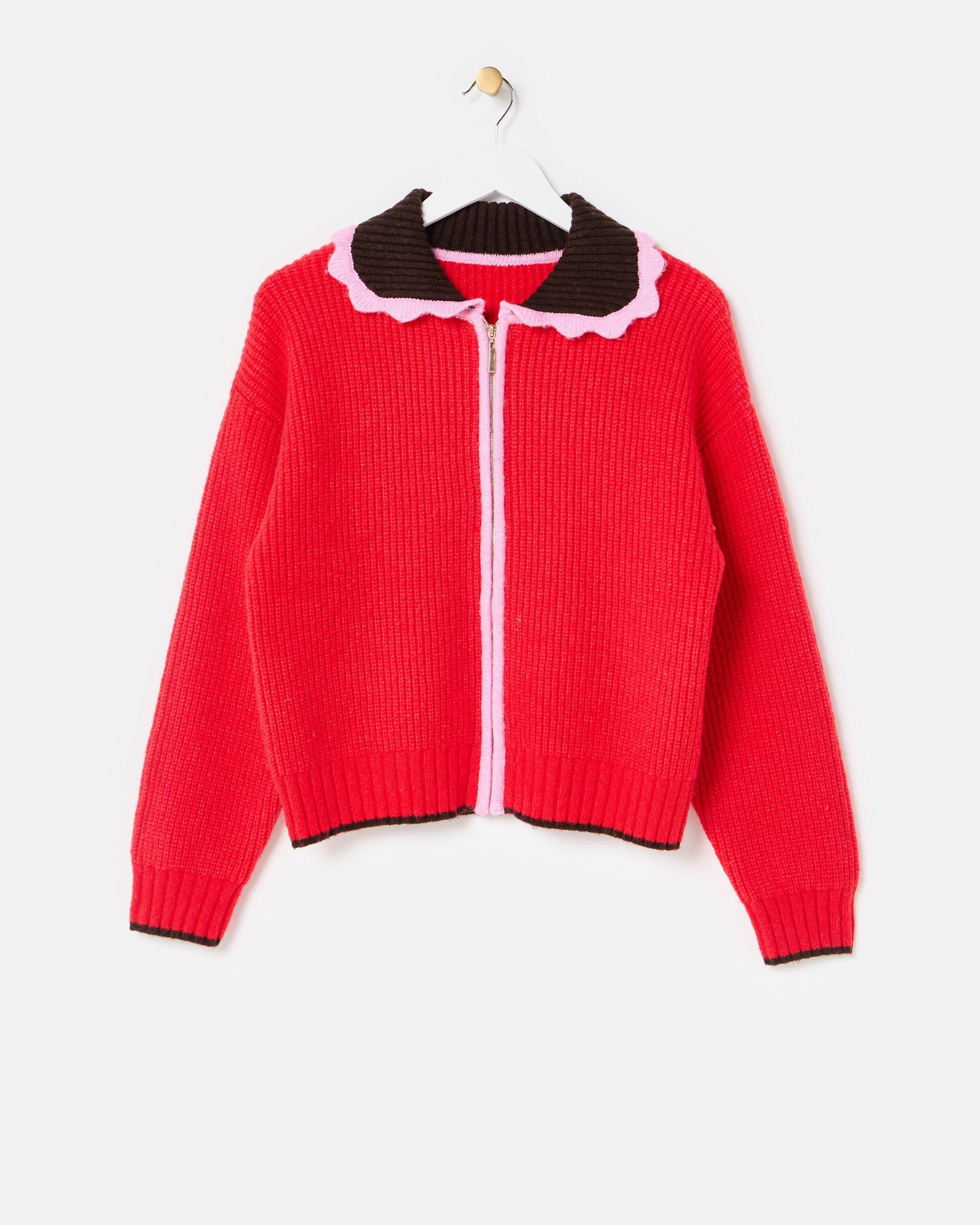 Red Scalloped Collar Zip Up Knitted Bomber Jacket | Oliver Bonas | Oliver Bonas (Global)
