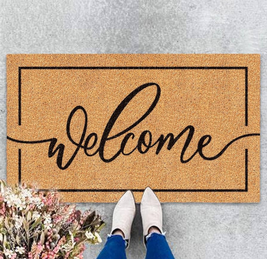 Welcome Mat Natural Coir Door Mat Rustic Brown Welcome Floor Mat with Black Border Thick Doormat ... | Amazon (US)