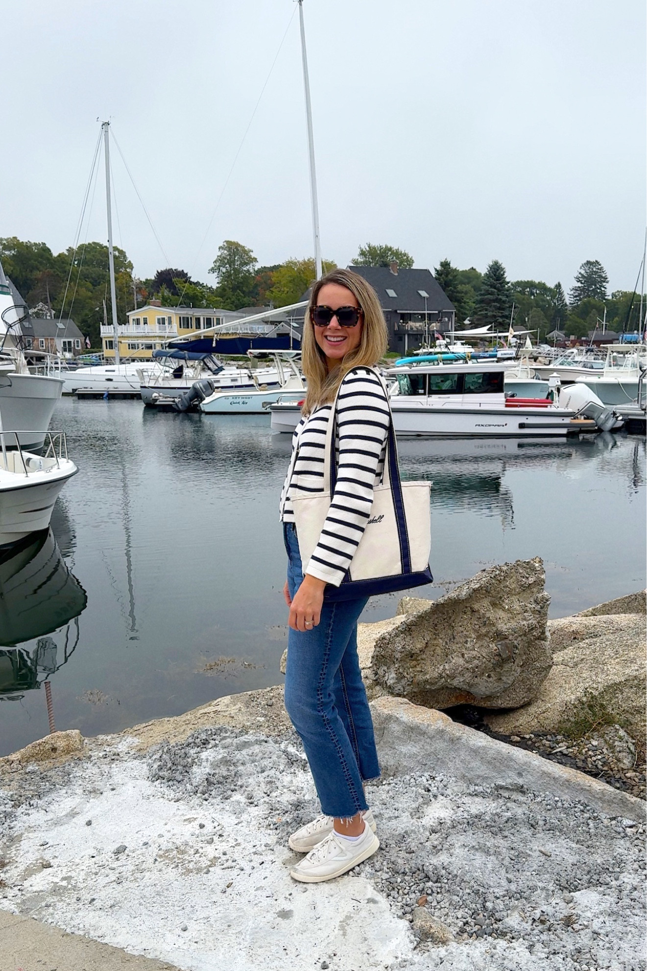 Outfit I wore in Kennebunkport for our New England getaway! Linking similar jeans and this year’s version of the Emilie lady jacket (I’m wearing last years). Preppy fall outfit idea / classic style / New England inspired outfits 