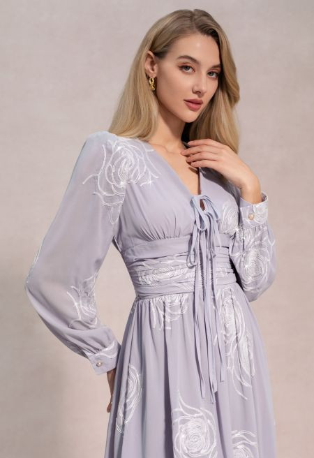 Rose Sequins Embroidery Tie-Front Chiffon Maxi Dress in Lavender for Anniversary Nights & Concert... | Chicwish