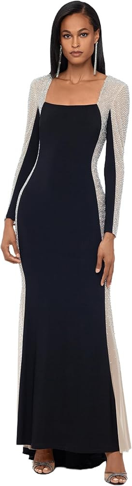 Xscape Women's Long Sleeve Square Neck Caviar Beaded Mesh Panels Dress (Standard & Petite) | Amazon (US)