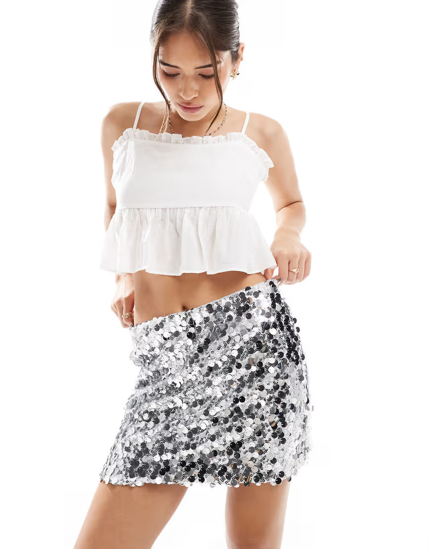 Pieces sequin mini skirt in silver | ASOS (Global)