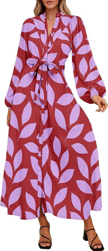 Lazysmile Maxi Dresses for Women Long Sleeve Shirt Dress with Pockets | Amazon (US)