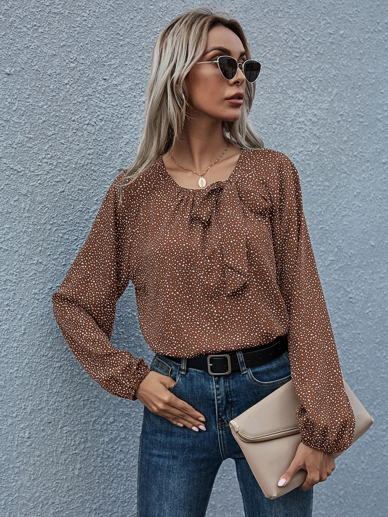 Knot Side Dalmatian Print Raglan Sleeve Blouse | SHEIN