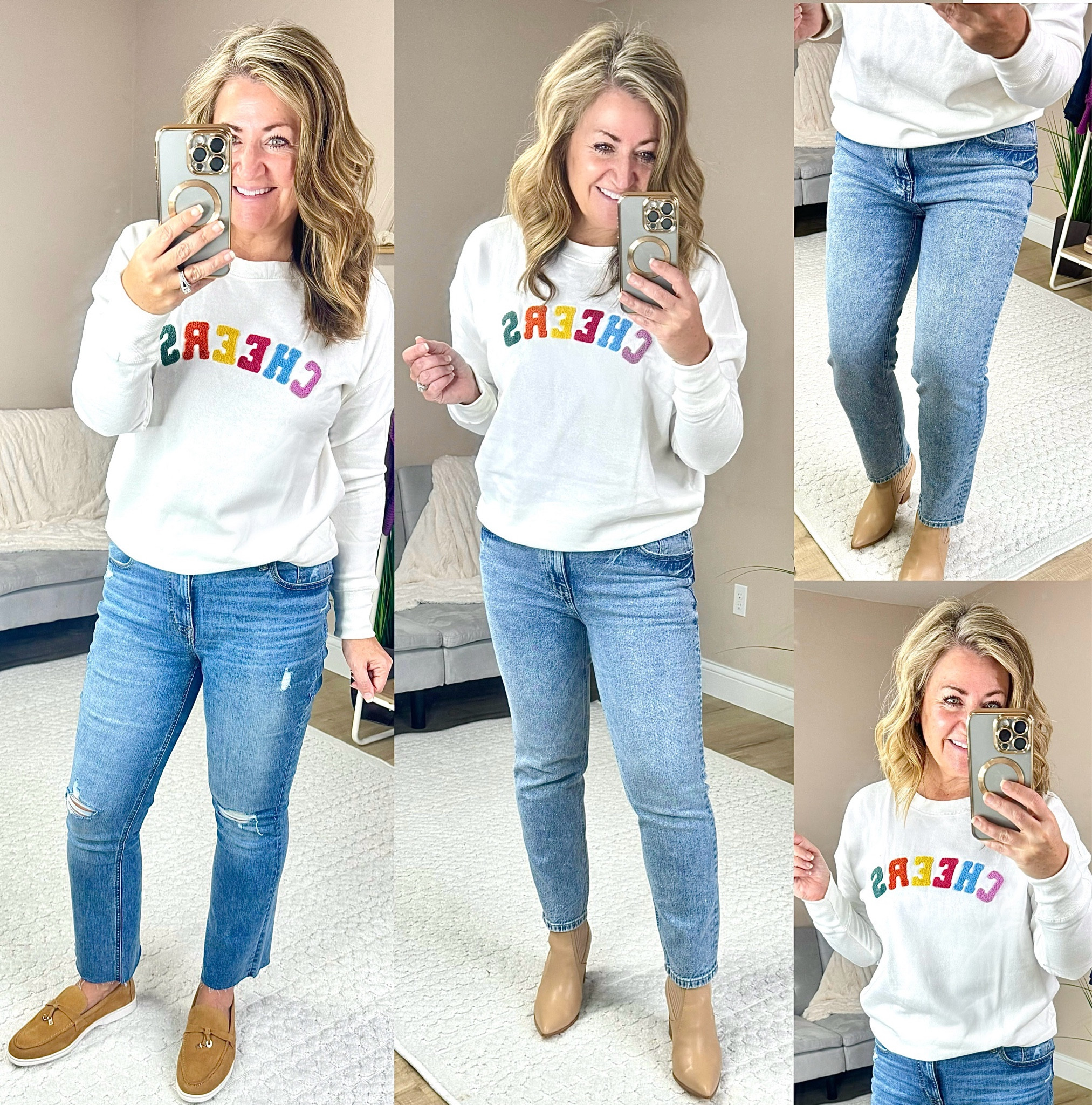 Bonus Event happening at Maurice's! My jeans on the left are my newest obsession. I'm in an 8 Regular length (I'm 5'3.5") and they are a raw hem...work perfect with sneakers, loafers or chelsea boots! It's hard to tell but the jeans on the right have a sparkle to them...so flipping fun! You can pair the Cheers sweatshirt with those awesome sparkle jeans for a casual NYE outfit! I am in an 8 Regular length but if you hold extra weight in the waist I would size up one size. (These are a little tight on my tummy so I should have gotten a 10). Casual New Year’s Eve outfit. Raw hem denim, cheers top, casual holiday look 

#LTKHoliday #LTKfindsunder50 #LTKmidsize