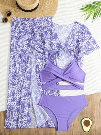 SHEIN Teen Girls Criss-cross Bikini Swimsuit With Tropical Print Cover Up | SHEIN USA | SHEIN