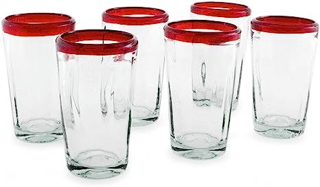 NOVICA Clear Red Rim Hand Blown Glass Eco-Friendly Tumbler Glasses, 16 oz, Ruby Groove' (set of 6... | Amazon (US)